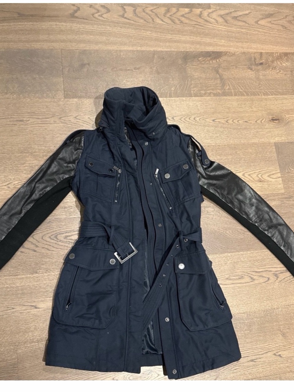 BCBGMaxAzria Navy Utility Jacket with Black Sleeve Accents